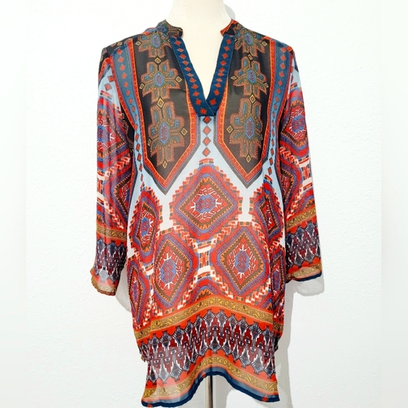 Gibson Latimer Women’s Tunic Top Medium Boho Geometric Print 3/4 Sleeve Sheer - Picture 1 of 11